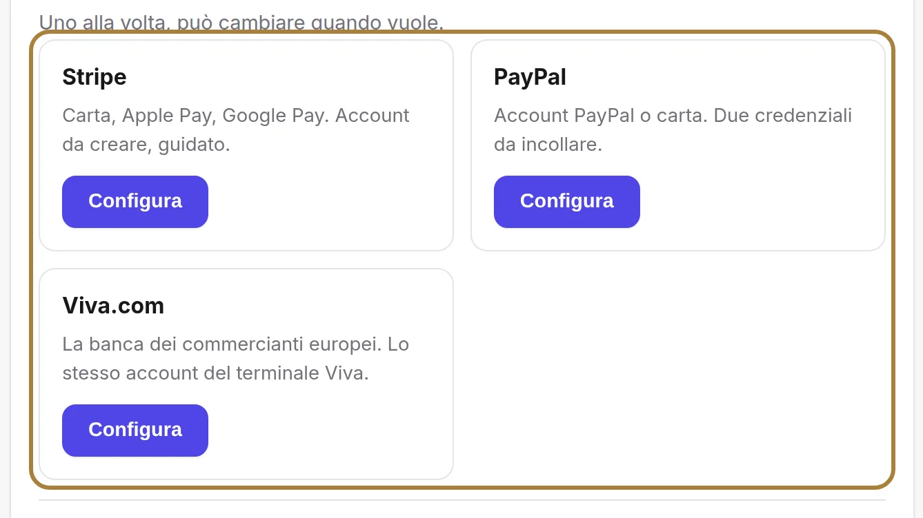 Scegliere chi La incassa: Stripe, PayPal o Viva, uno solo alla volta.