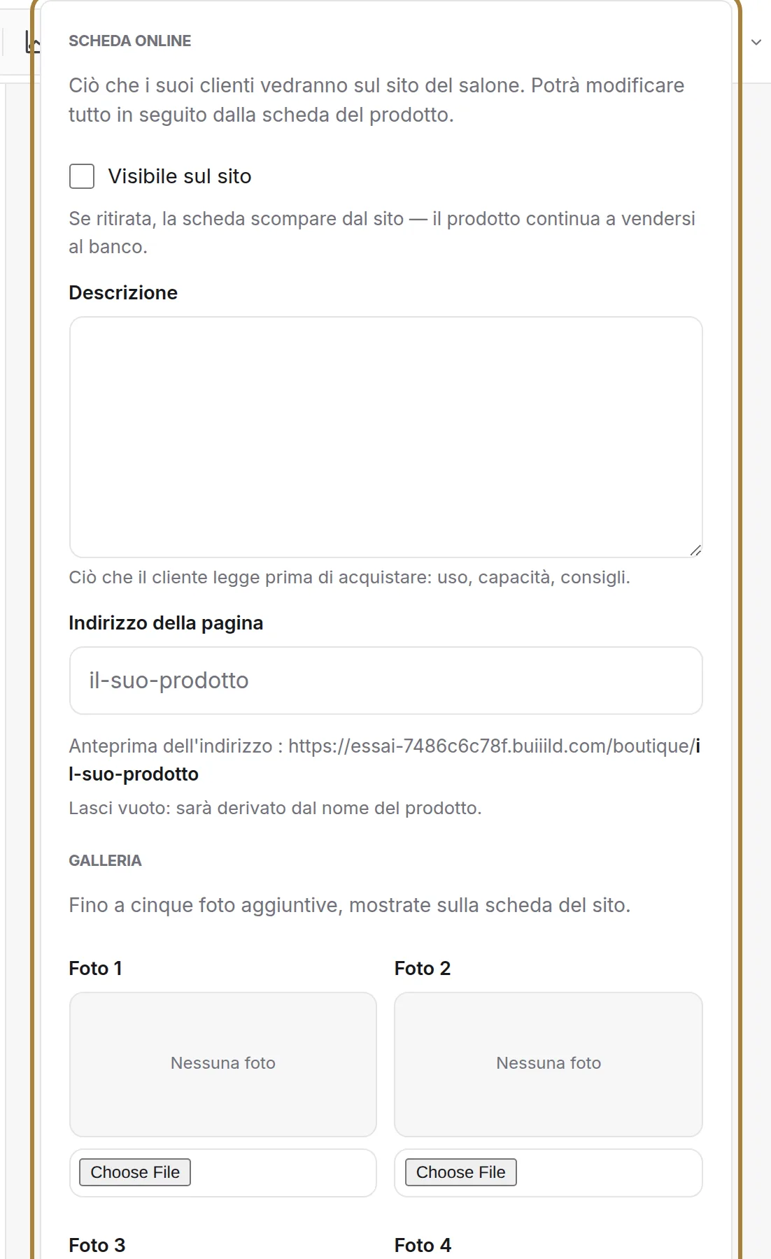 La pagina del sito: visibilità, descrizione, indirizzo, foto.