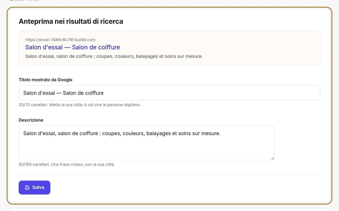 Titolo e descrizione: la Sua vetrina su Google.