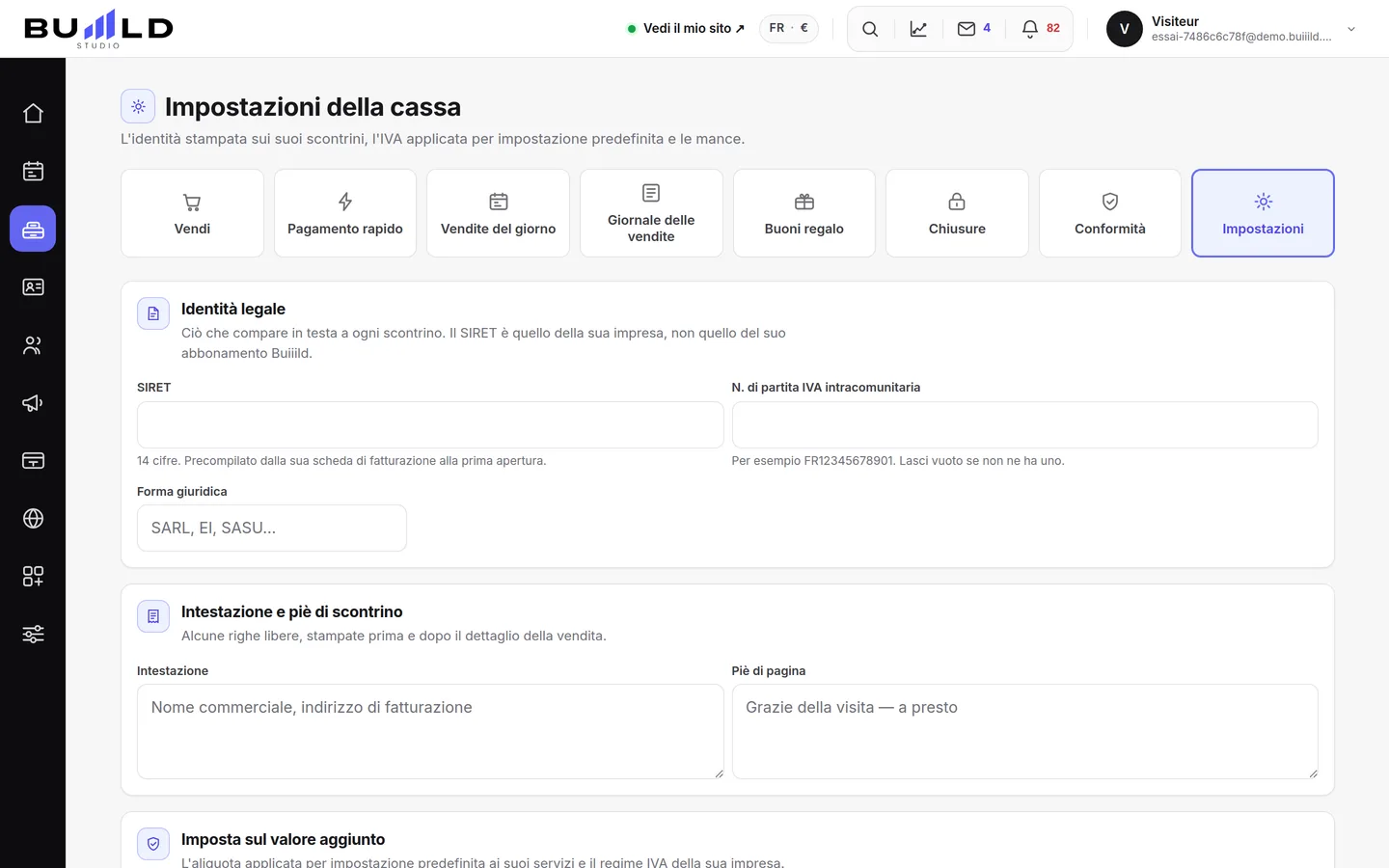 Le impostazioni della cassa.
