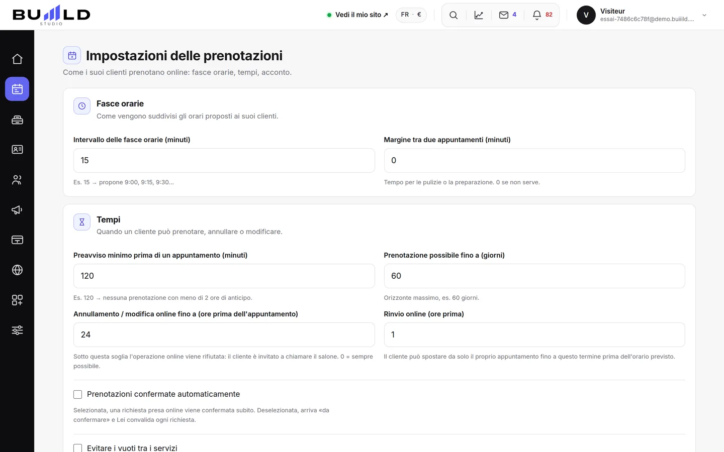 Le impostazioni delle prenotazioni, scheda per scheda.