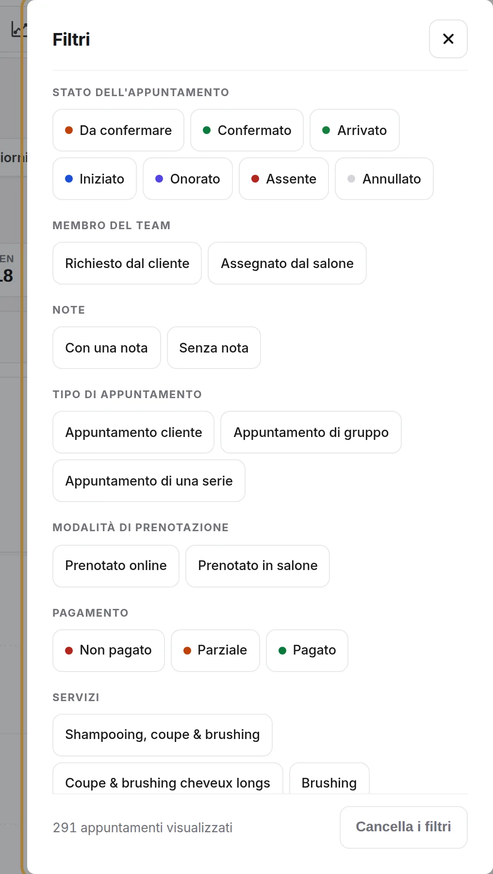 I filtri: stato, pagamento, presa online o in salone, servizi, note…