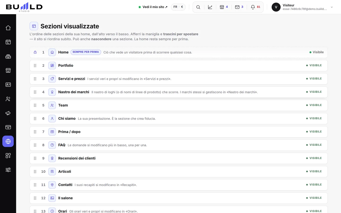 Le sezioni del Suo sito, nell'ordine reale della pagina iniziale.
