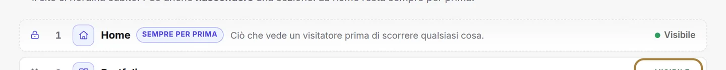 Visibile o nascosta: il pallino dice se la sezione appare sul sito.