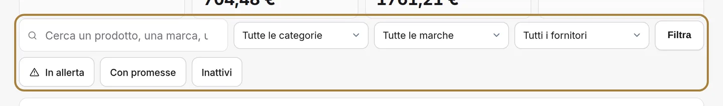 Ritrovare un prodotto: nome, referenza, categoria, marca, fornitore.
