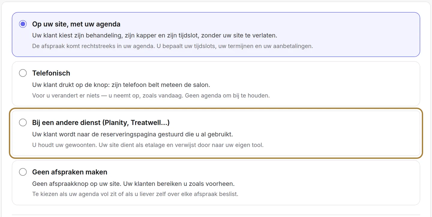 Bij een andere dienst: uw website verwijst naar uw gebruikelijke tool.