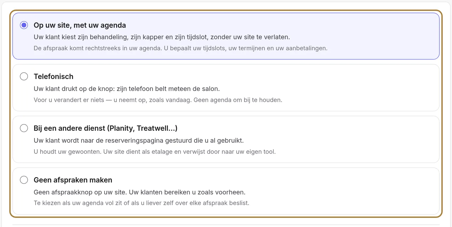 Elke keuze wordt beschreven door wat uw klant ervaart, daarna door wat dit voor u verandert.