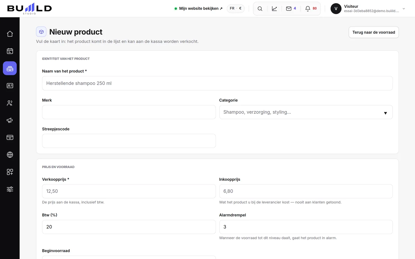 De fiche van een nieuw product.