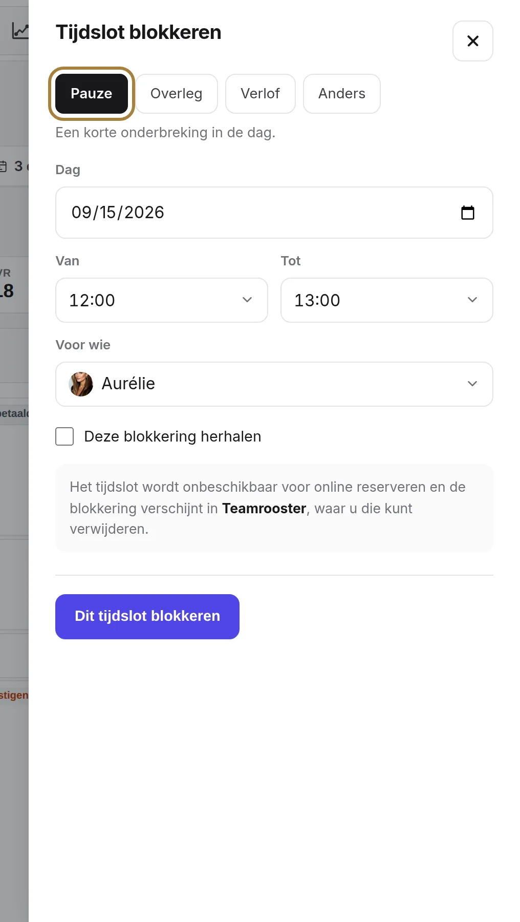 Pauze, Vergadering, Verlof, Andere: de reden wordt op de periode getoond.