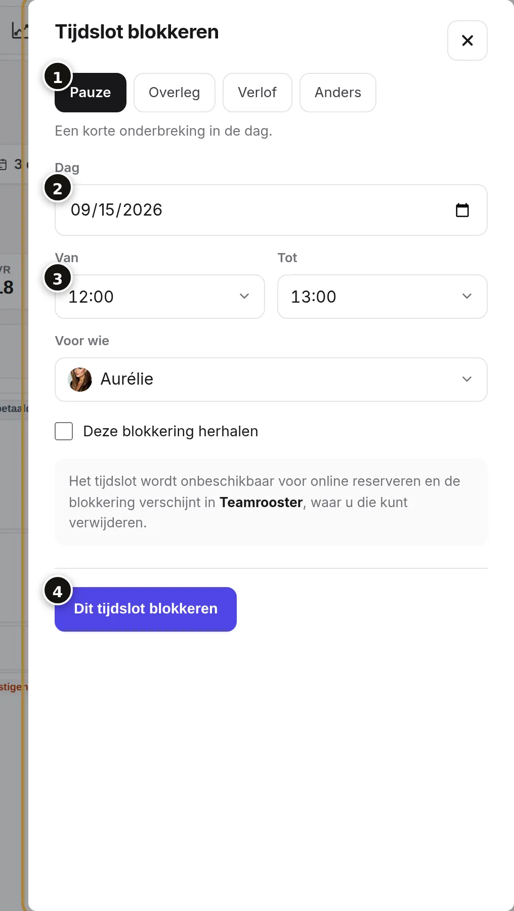 De reden (1), de dag (2), de uren en de kapper (3), de knop (4).