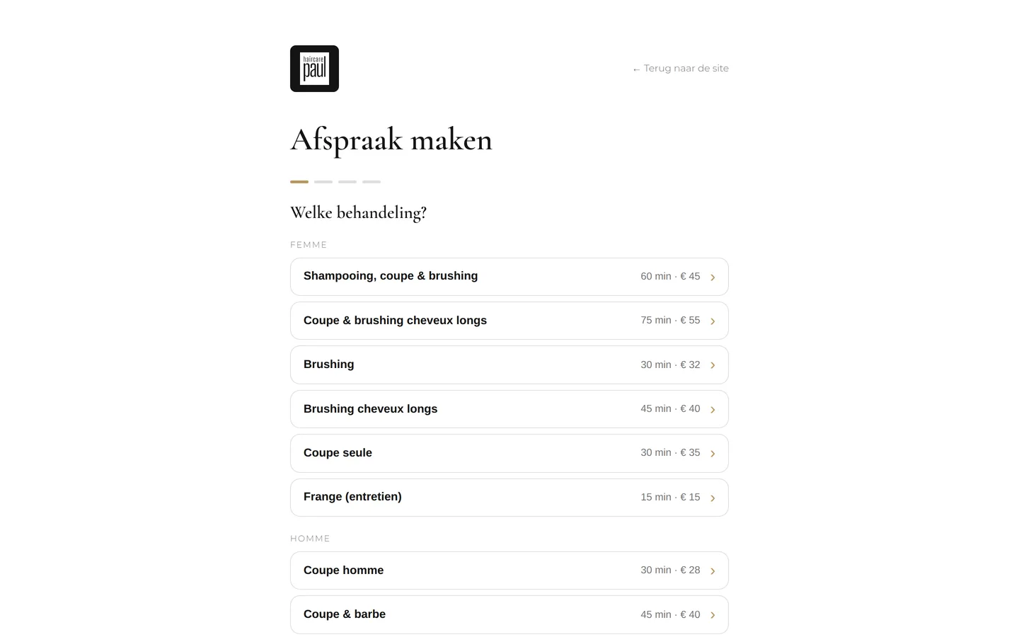 De reserveringspagina van uw website, zoals een klant die ziet.