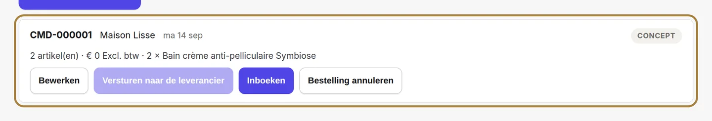 Waar elke bestelling staat: concept, verzonden, ontvangen, geannuleerd.