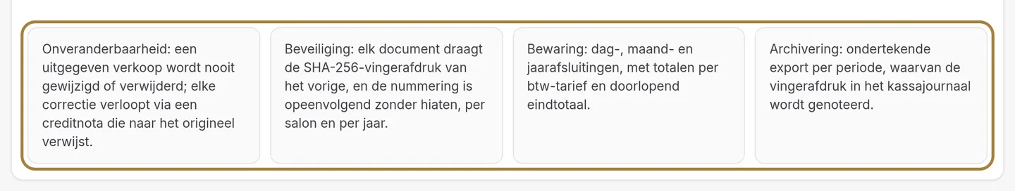 De vier verplichtingen, gewaarborgd door de kassa.