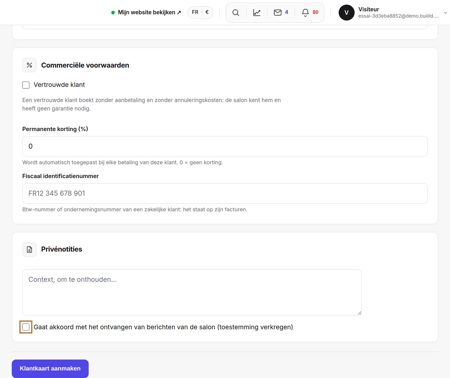 De toestemming voor promoties: vink alleen aan als de klant ja heeft gezegd.