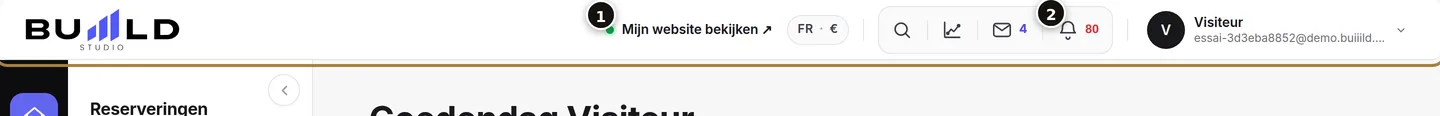 De bovenbalk: "Mijn website bekijken" (1) en de bel (2).