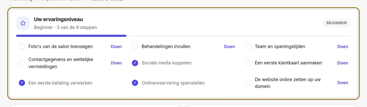 Uw beheersingsniveau: elke regel leidt naar het betreffende scherm.