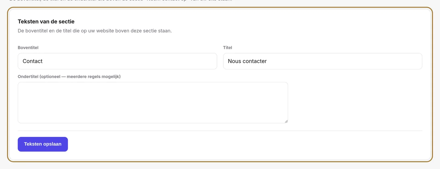 De teksten van de sectie Contact.