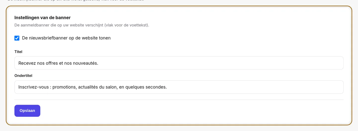 De instellingen van de nieuwsbriefbanner.