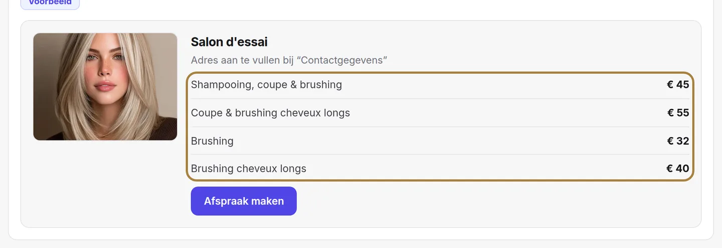 Uw behandelingen en uw prijzen: alleen de actieve behandelingen verschijnen.