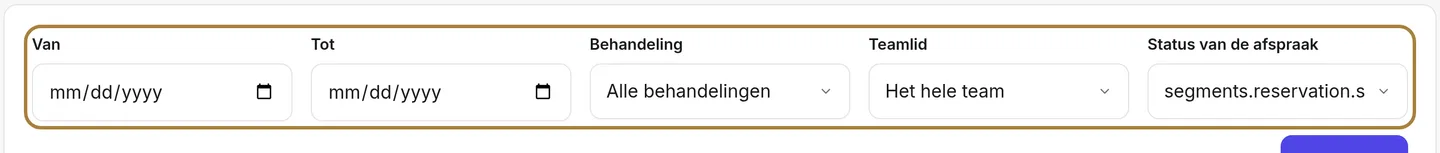Het zoeken op reservering: periode, behandeling, teamlid, status.