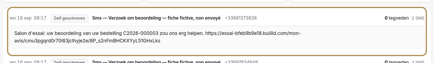 Elke verzending in detail, met de exacte ontvangen tekst.
