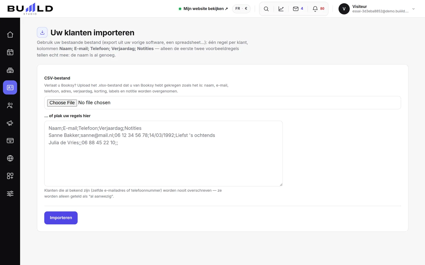 Het importscherm.