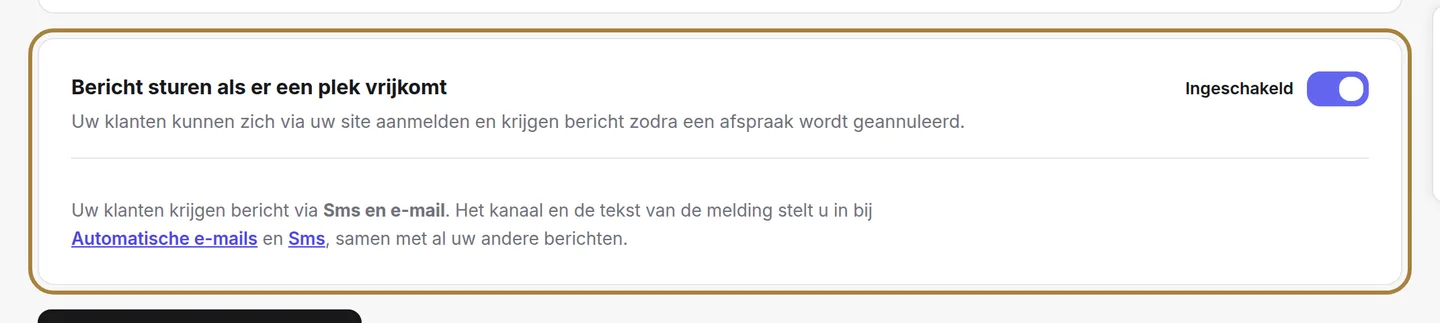 Activeren, uitschakelen, en het kanaal van de meldingen kiezen.
