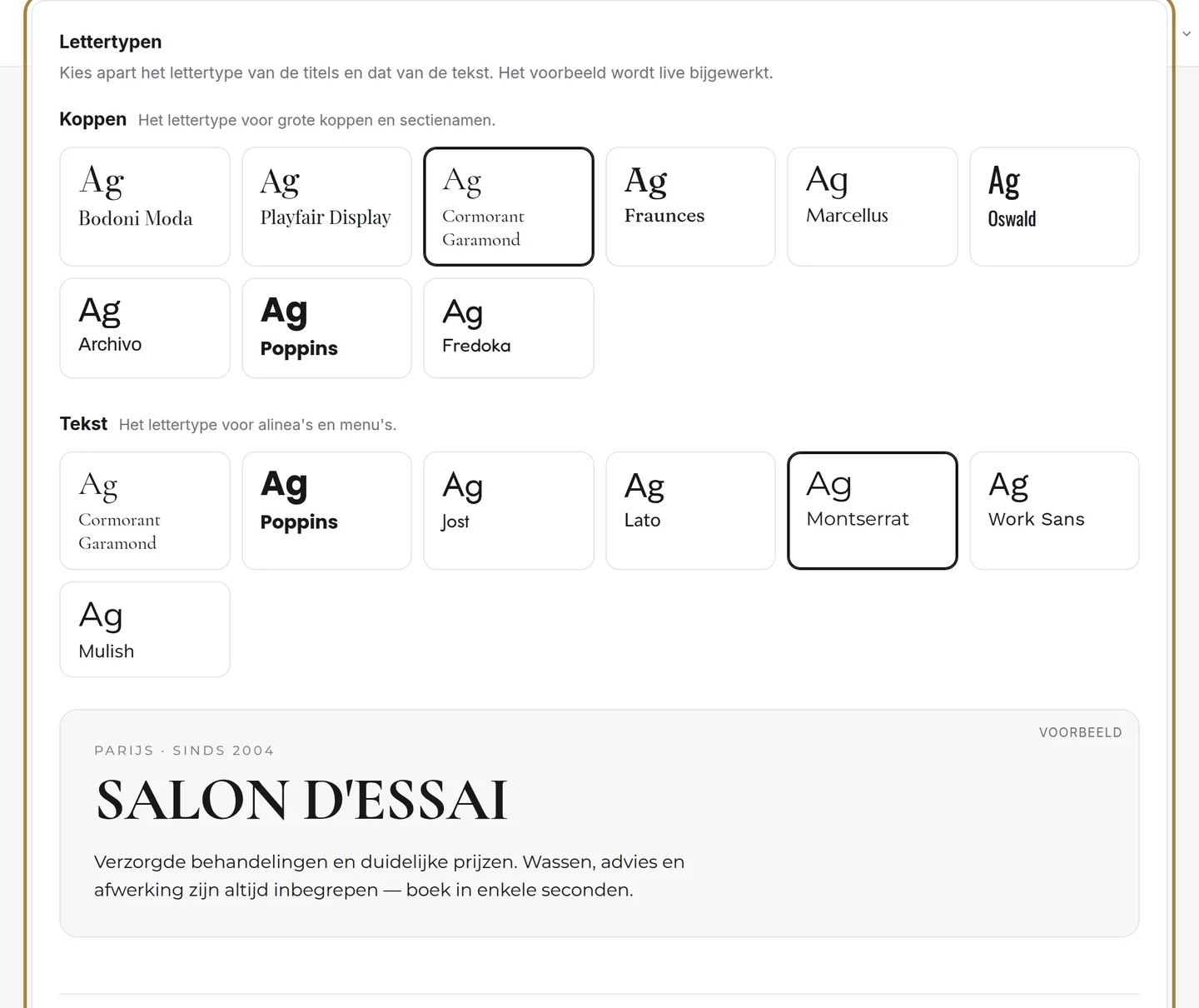 De lettertypen, met voorbeeld.