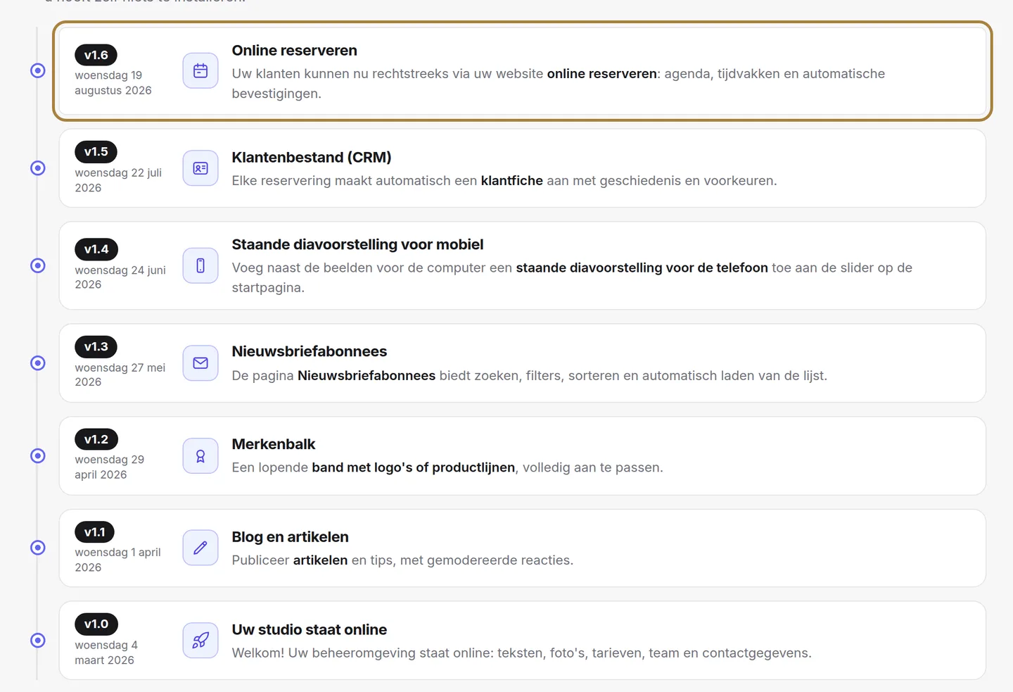 Een kaart per verbetering: versie, datum, domein, uitleg.