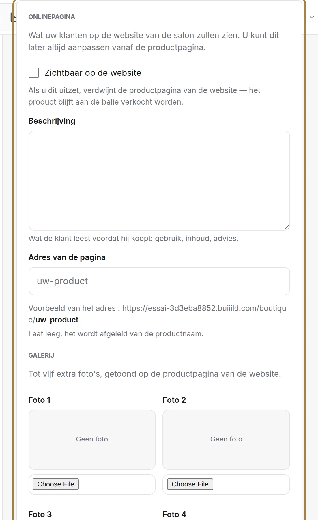 De pagina van de website: zichtbaarheid, beschrijving, adres, foto's.