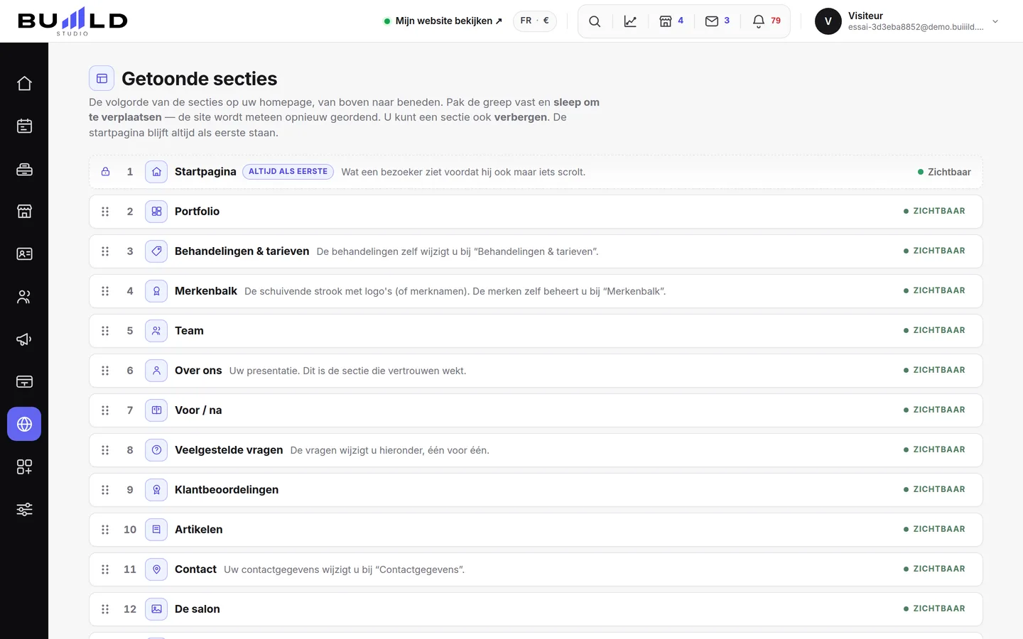 De secties van uw website, in de echte volgorde van de startpagina.