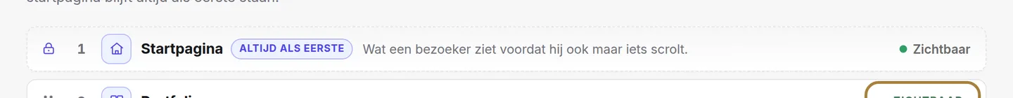 Zichtbaar of verborgen: het label zegt of de sectie op de website verschijnt.