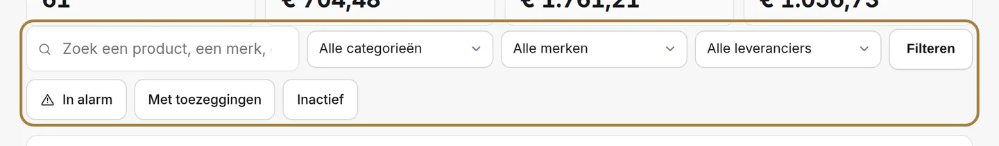 Een product terugvinden: naam, referentie, categorie, merk, leverancier.