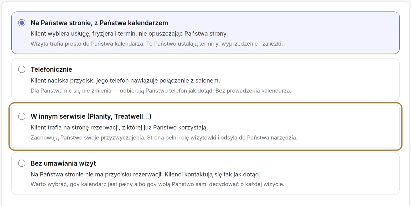 Na innym serwisie: strona salonu przekierowuje do zwykle używanego narzędzia.