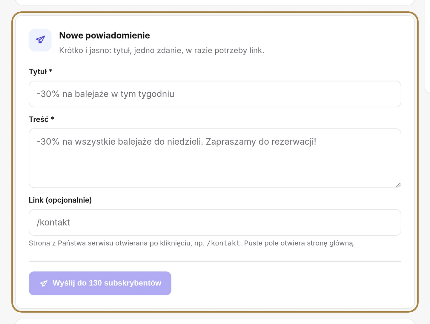 Pisanie powiadomienia: tytuł, zdanie, link.