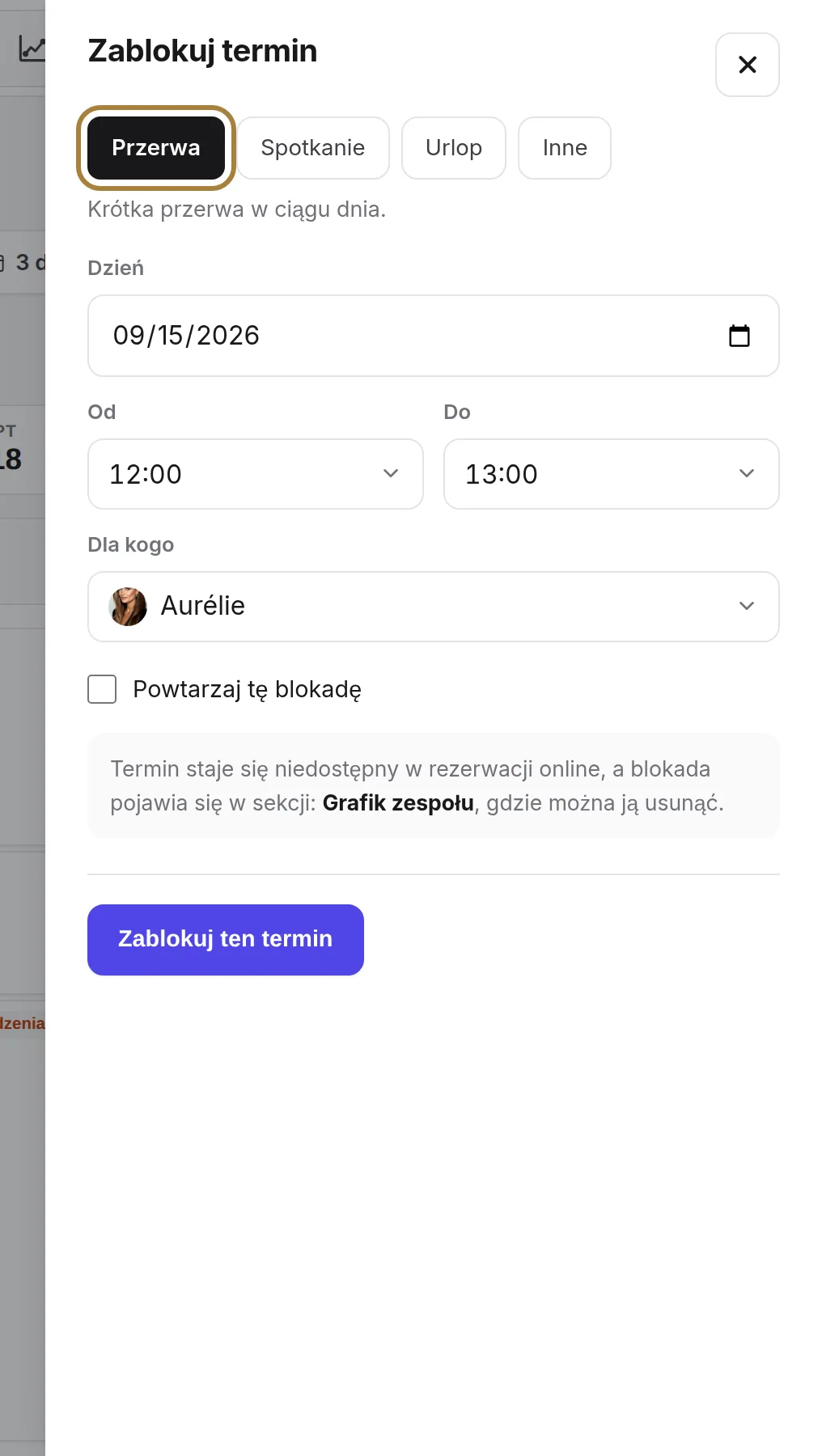 Przerwa, Spotkanie, Urlop, Inne: powód wyświetla się na zakresie.