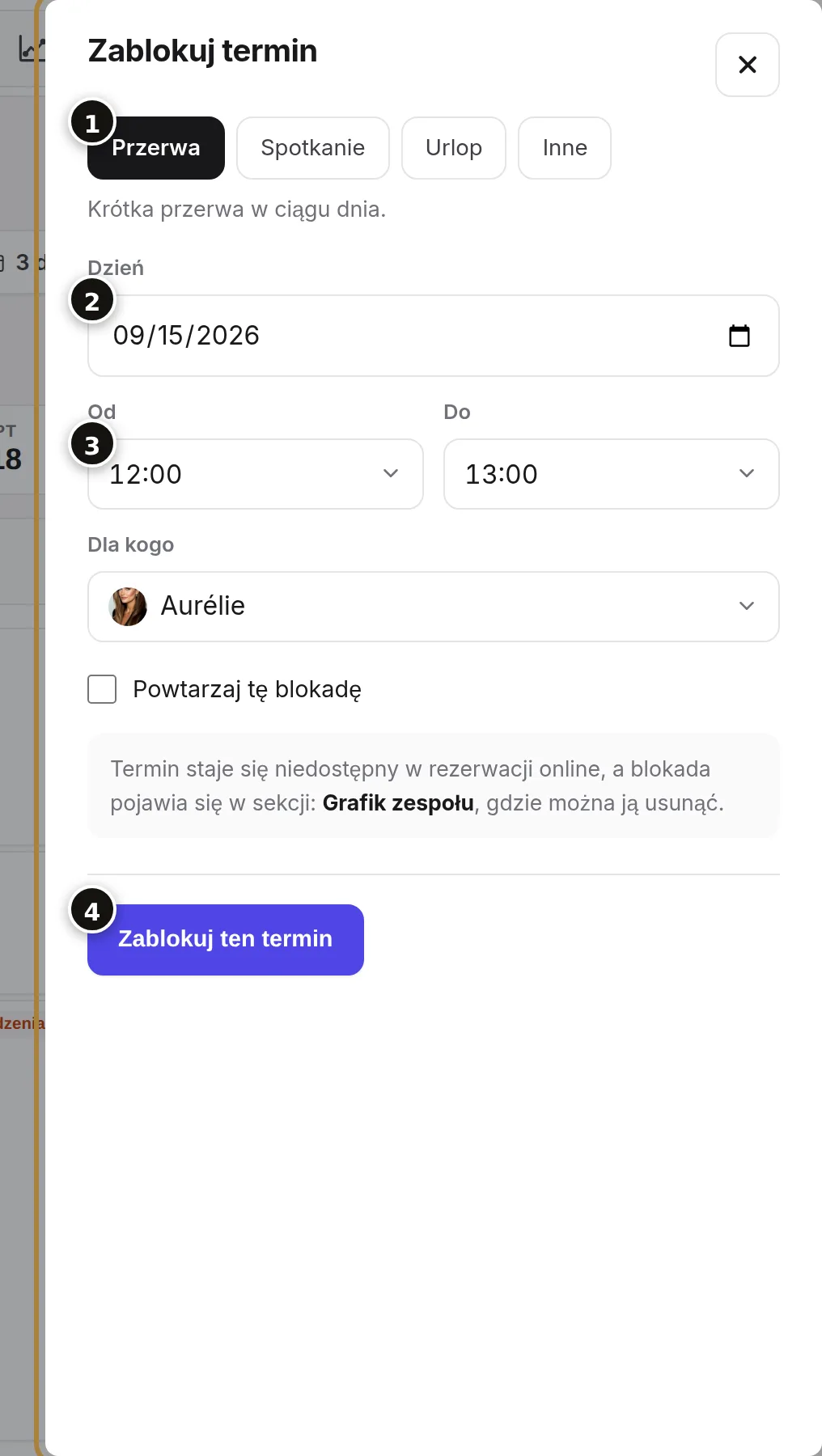 Powód (1), dzień (2), godziny i fryzjer (3), przycisk (4).