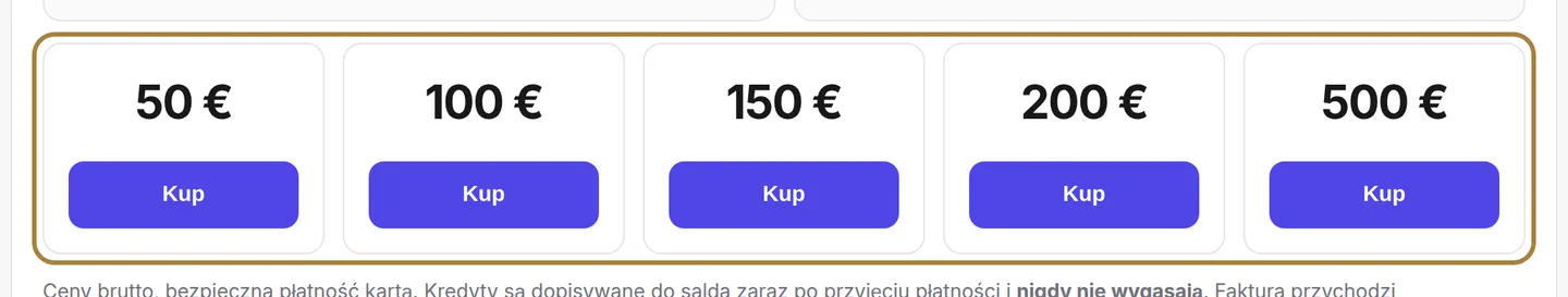 Doładowanie: wybór pakietu, płatność kartą.