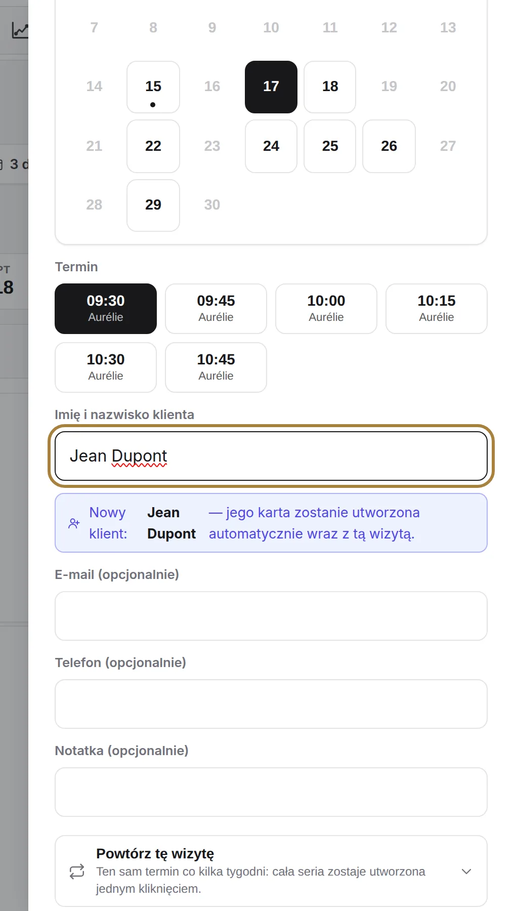 5. Klient: istniejące karty klientów podpowiadają się same.