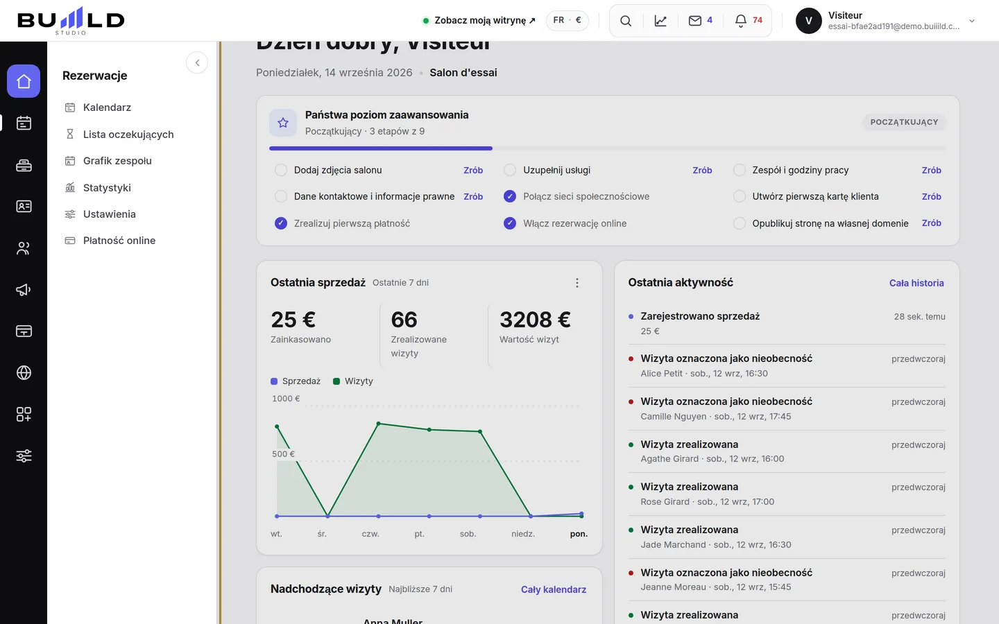 Menu po lewej stronie: jedna rodzina ekranów na każdy obszar salonu.
