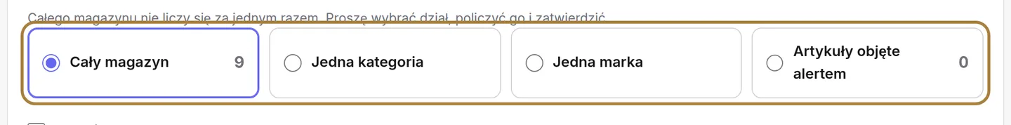 Wybór tego, co jest liczone: wszystko, kategoria, marka albo tylko produkty w alercie.