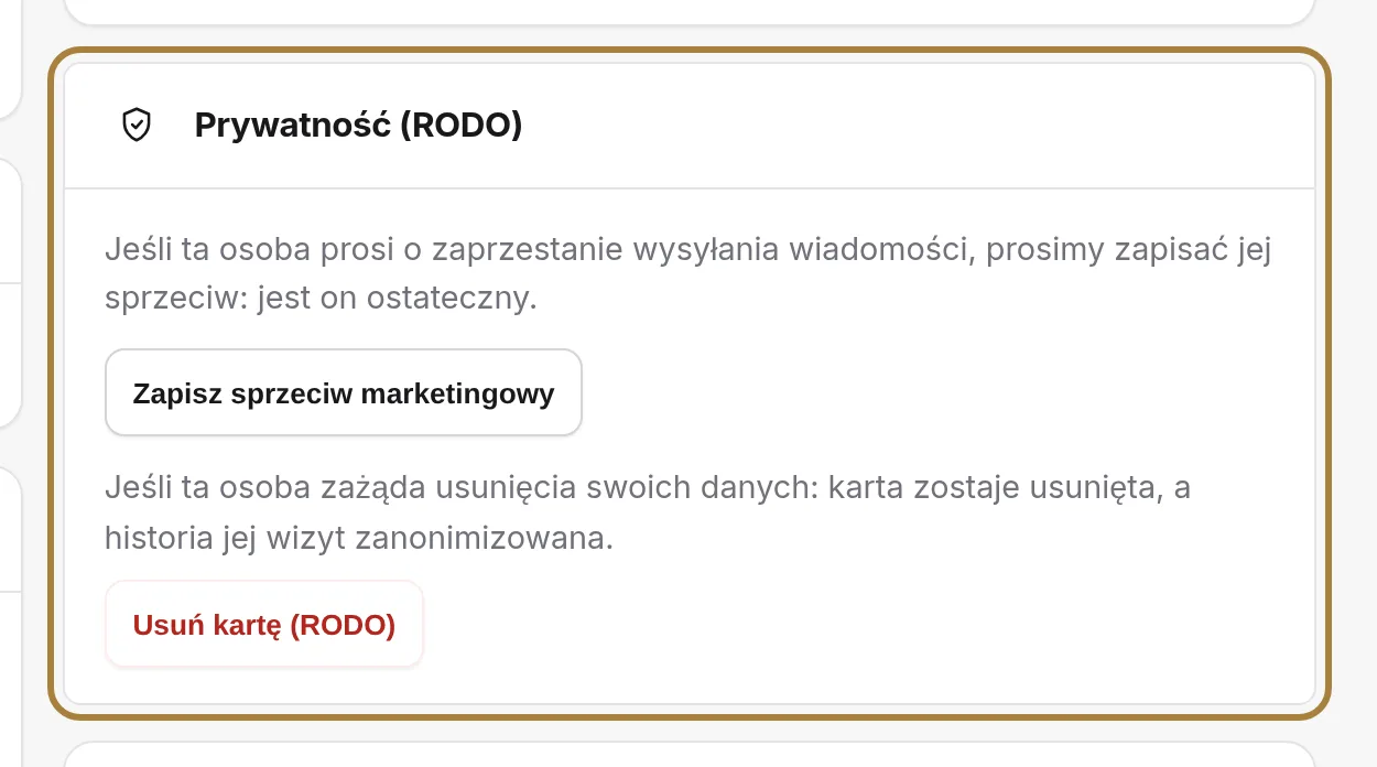 Poufność: sprzeciw marketingowy i usunięcie karty.