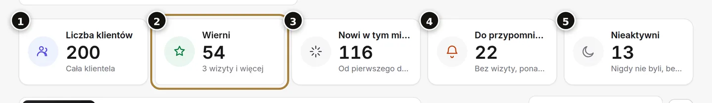 Łącznie (1), stali klienci (2), nowi w tym miesiącu (3), do przypomnienia (4), nieaktywni (5).