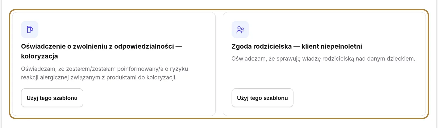 Dwa gotowe wzory: koloryzacja i osoba niepełnoletnia.