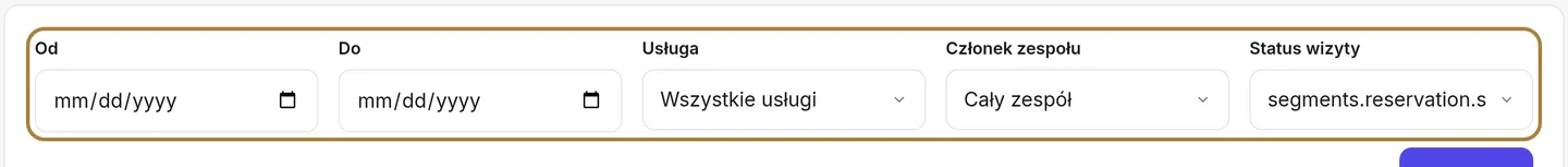 Wyszukiwanie według rezerwacji: okres, usługa, współpracownik, status.