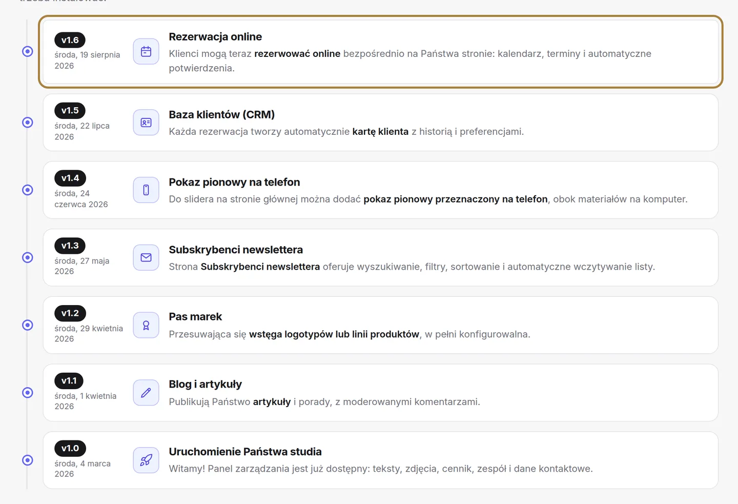 Jedna karta na ulepszenie: wersja, data, obszar, wyjaśnienie.