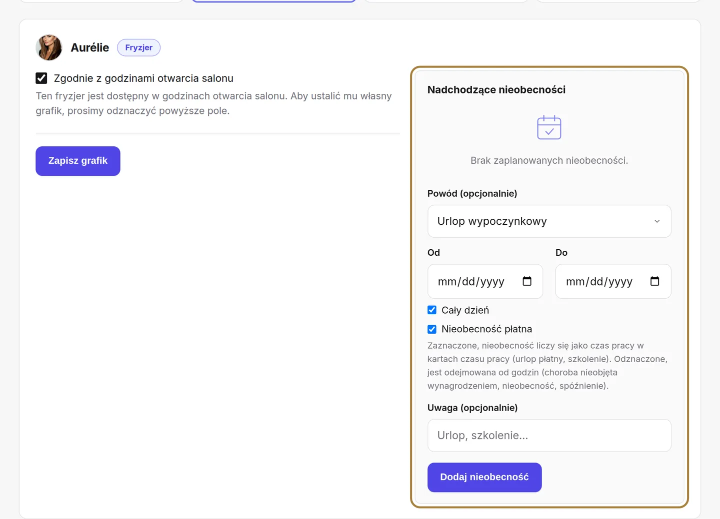 Nadchodzące nieobecności oraz formularz do ich zgłaszania.