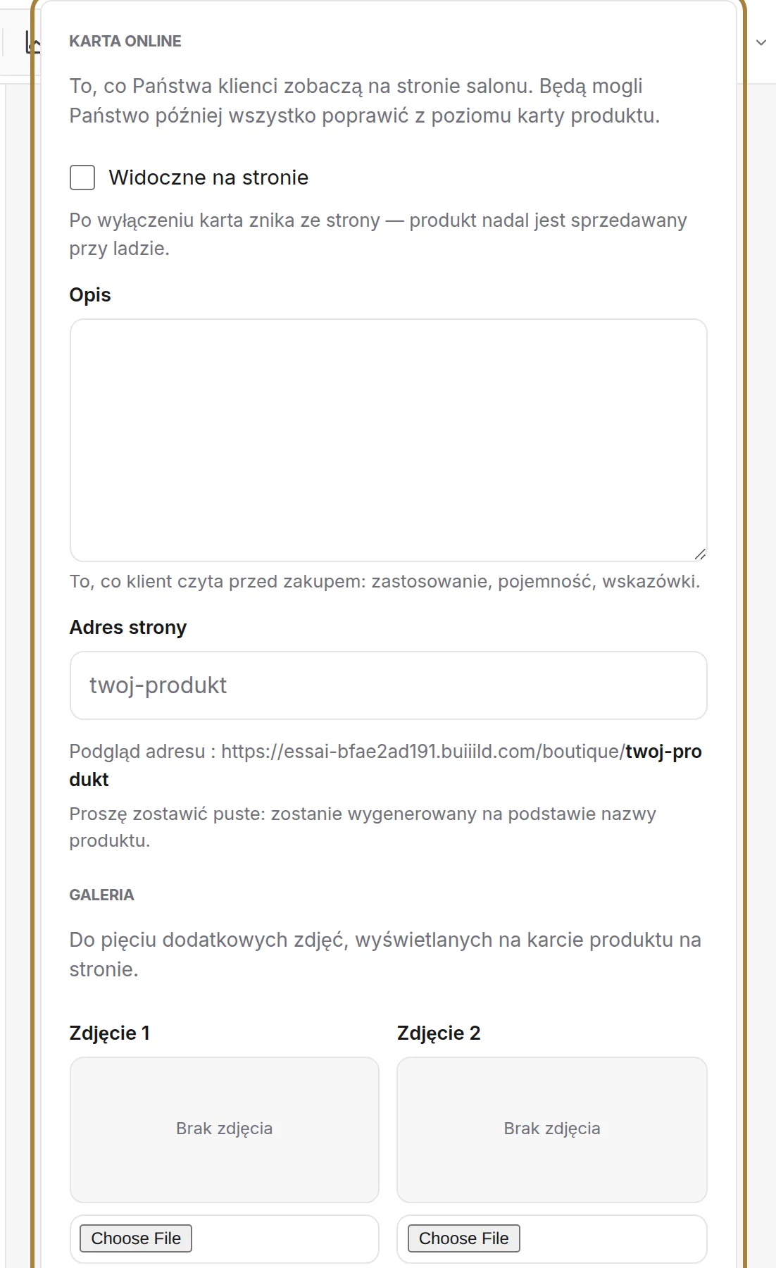 Strona produktu: widoczność, opis, adres, zdjęcia.