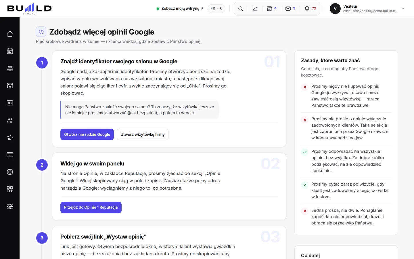 Przewodnik „Zbieranie opinii Google” w studiu.