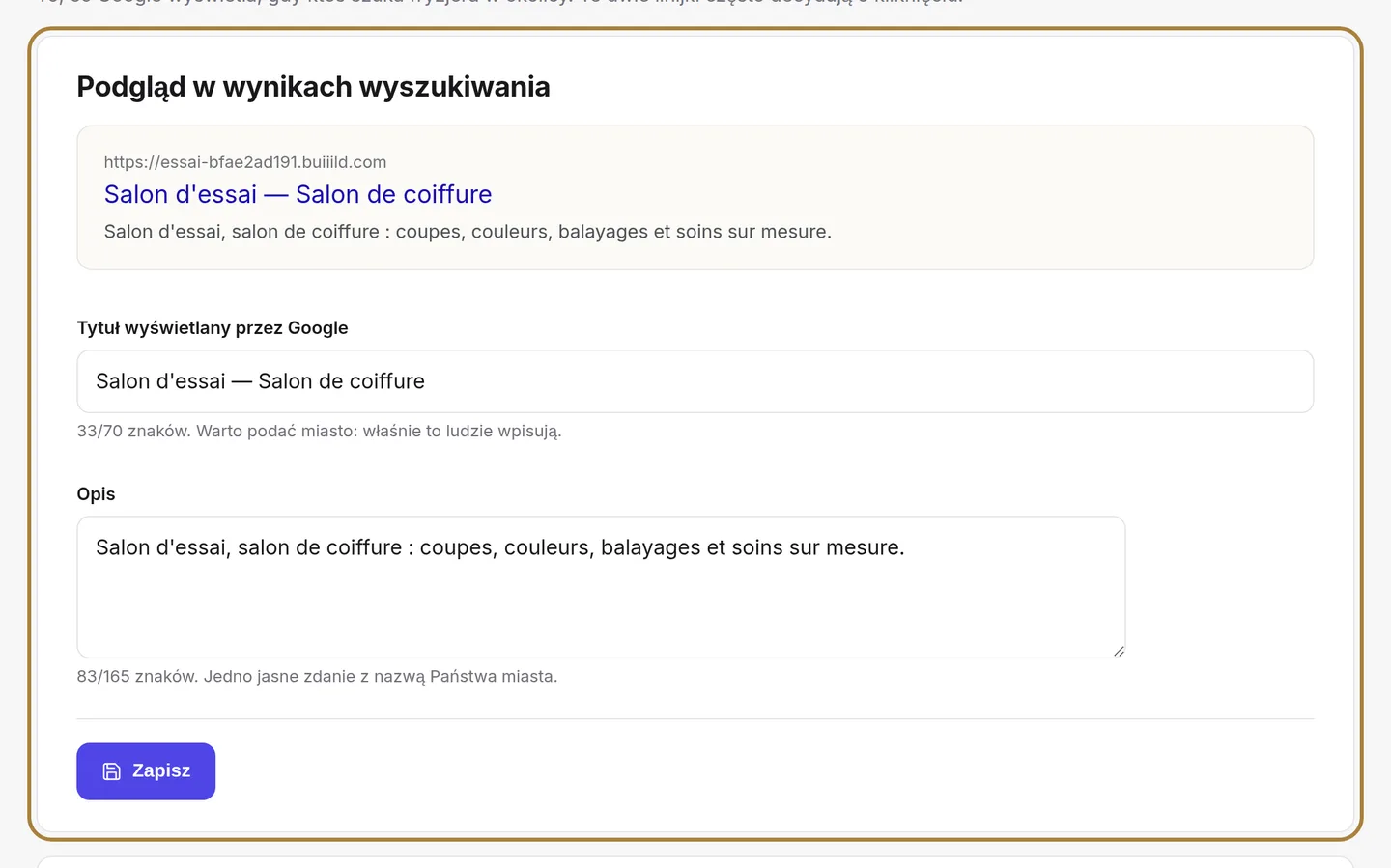Tytuł i opis: witryna widoczna w Google.